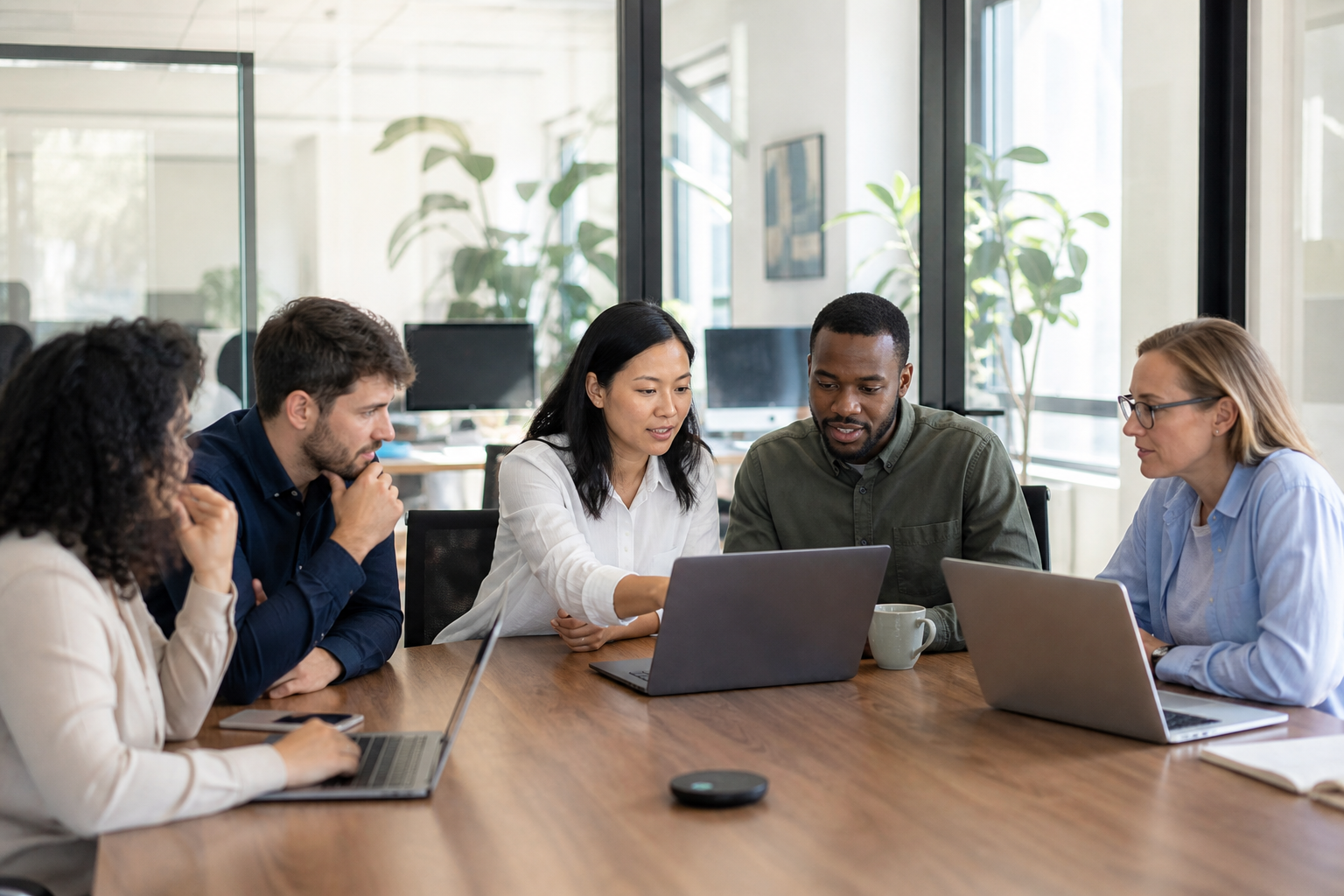 Marketing team collaborating in a modern office