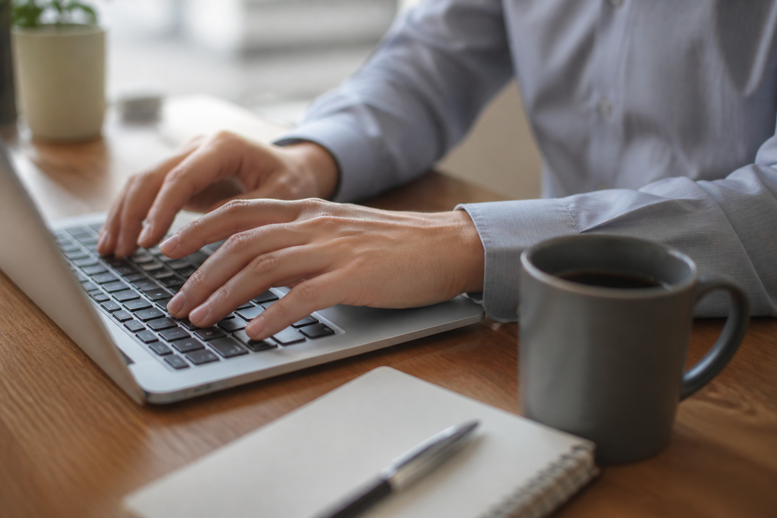 Hands typing a digital campaign brief